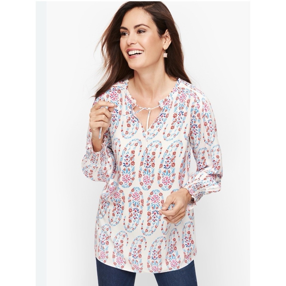 Talbots 1X Dotted Tie Paisley Smocked Detail Boho Blouse Coastal Lightweight